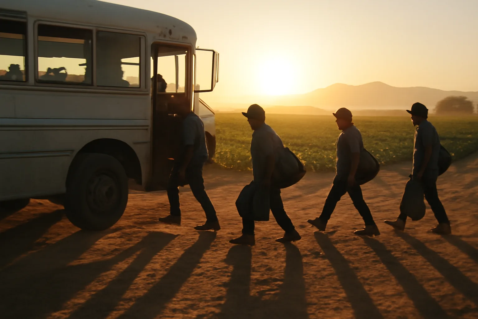 Farm workers boarding a bus near a lettuce field in Yuma, Arizona at sunrise.