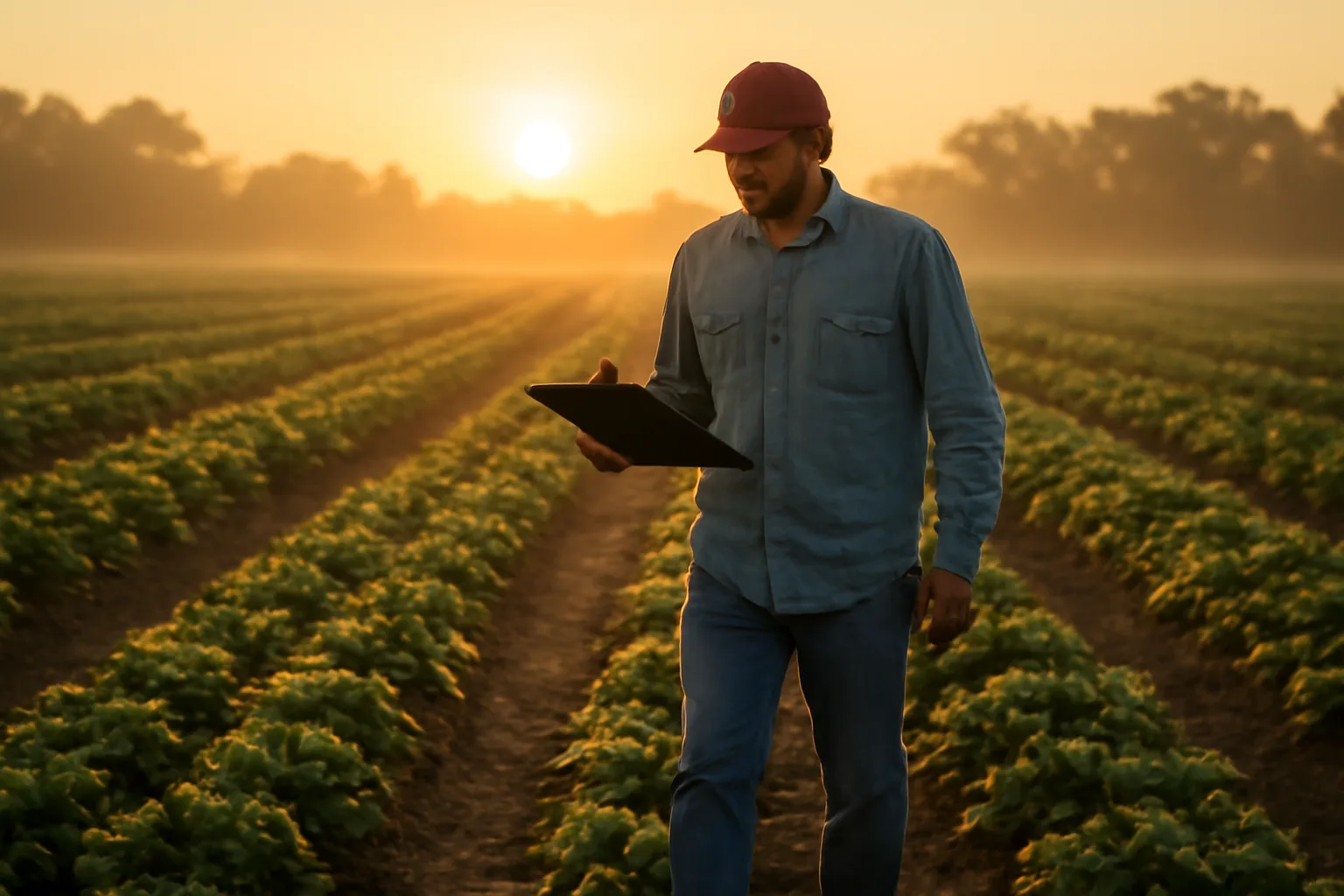 Farm labor contractor in Arkansas strawberry field at sunrise