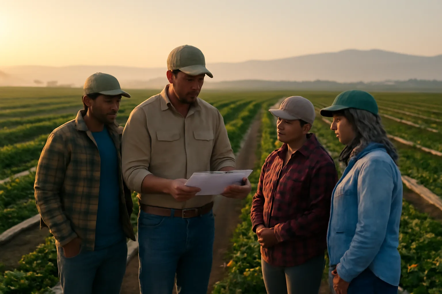 H-2A contractor in California strawberry field with workers at sunrise