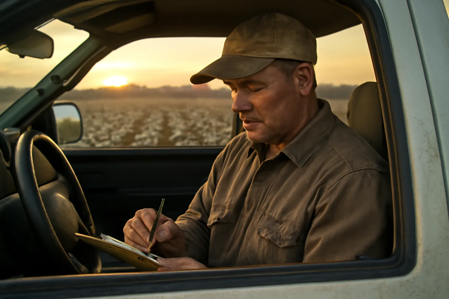 Arkansas farm labor contractor reviewing renewal documents in pickup at sunrise