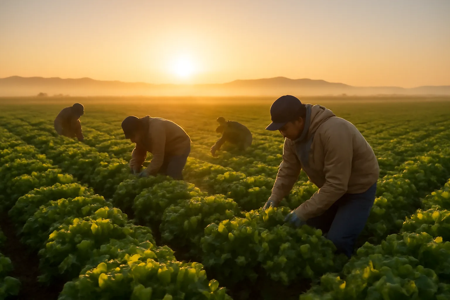 H-2A farm workers harvesting lettuce in a Yuma, Arizona field at sunrise.
