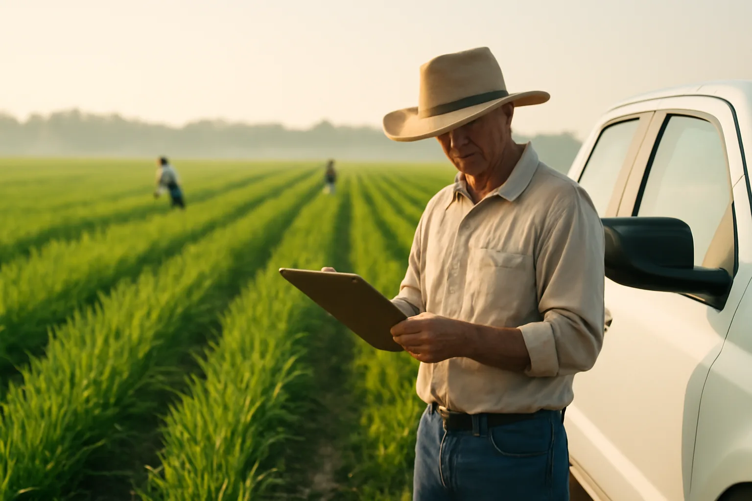 Farm manager with clipboard in Arkansas H-2A rice field while workers move through rows