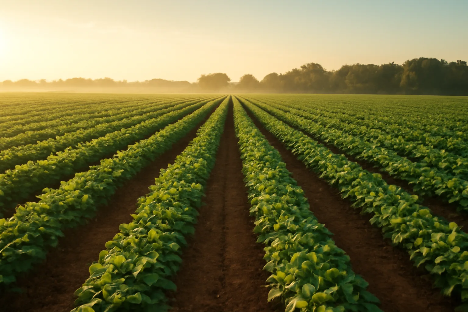 Rows of crops on an Alabama farm at sunrise, H-2A contractor subject