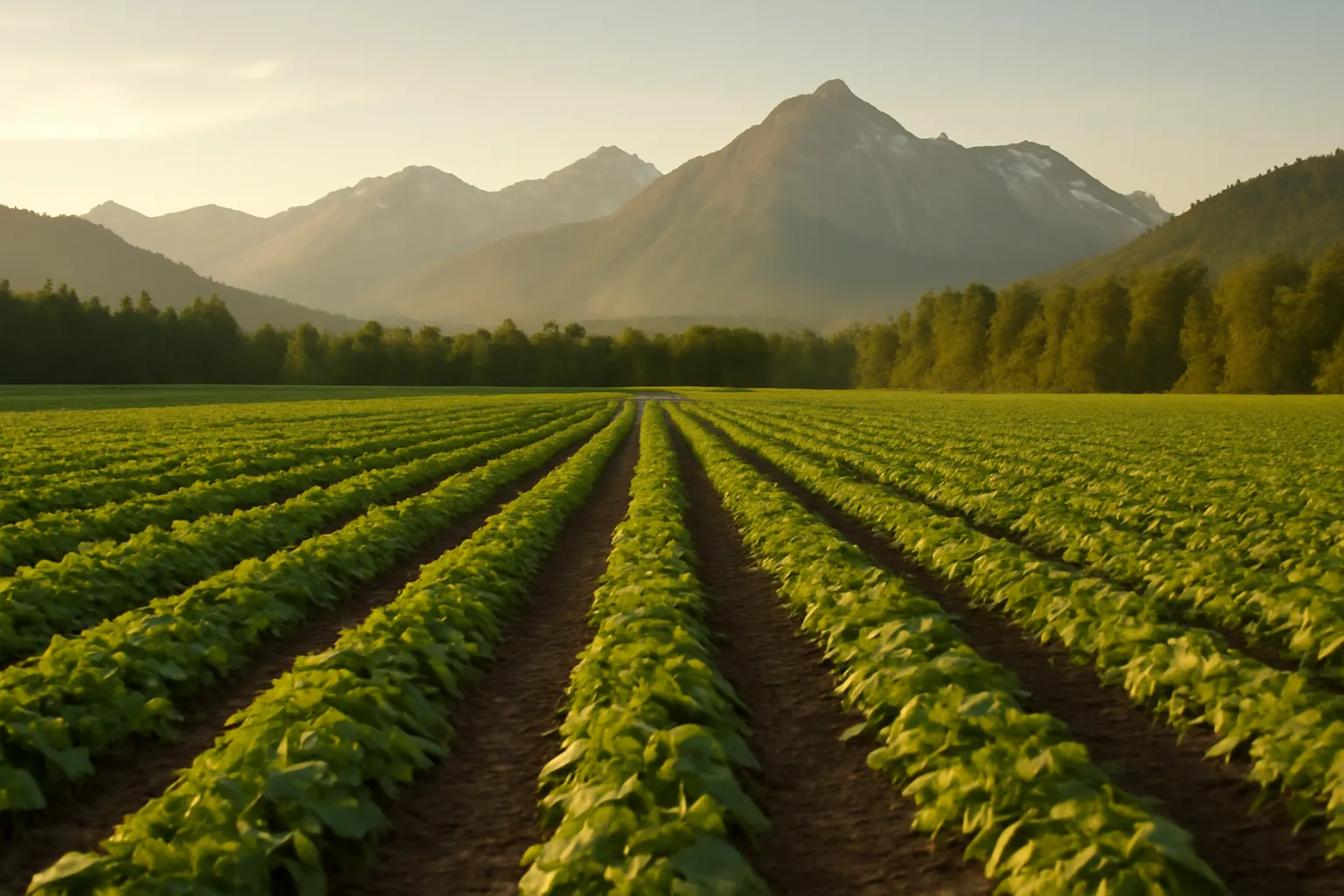 Alaska farm rows in morning light with mountains behind, H-2A agricultural work setting