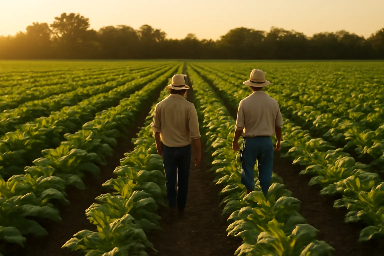 Two farm workers walking through an Alabama crop field at golden hour