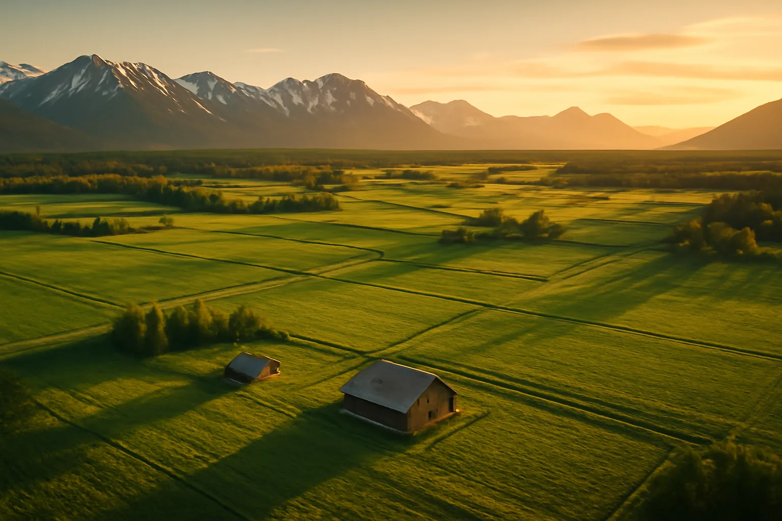 Remote Alaska farmland with green fields and snowcapped mountains at midnight sun