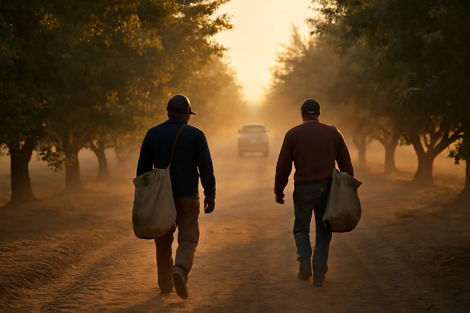 Workers walk a California orchard at dawn during harvest
