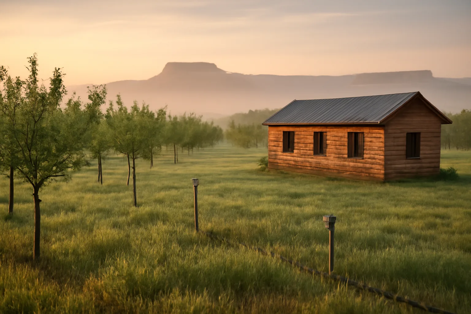Wooden Colorado orchard bunkhouse at sunrise for H-2A housing