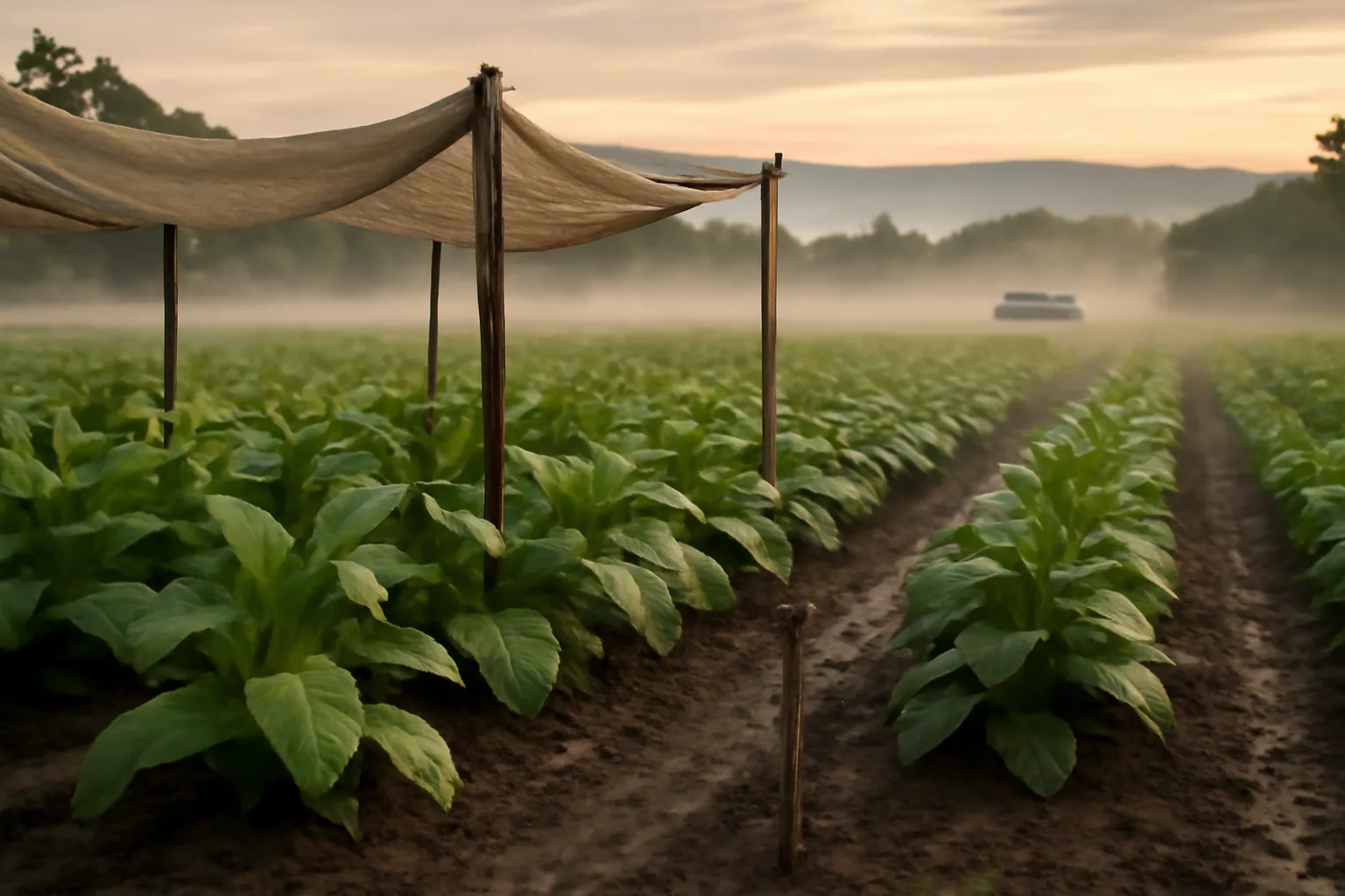 Morning light on a Connecticut shade tobacco field for H-2A work