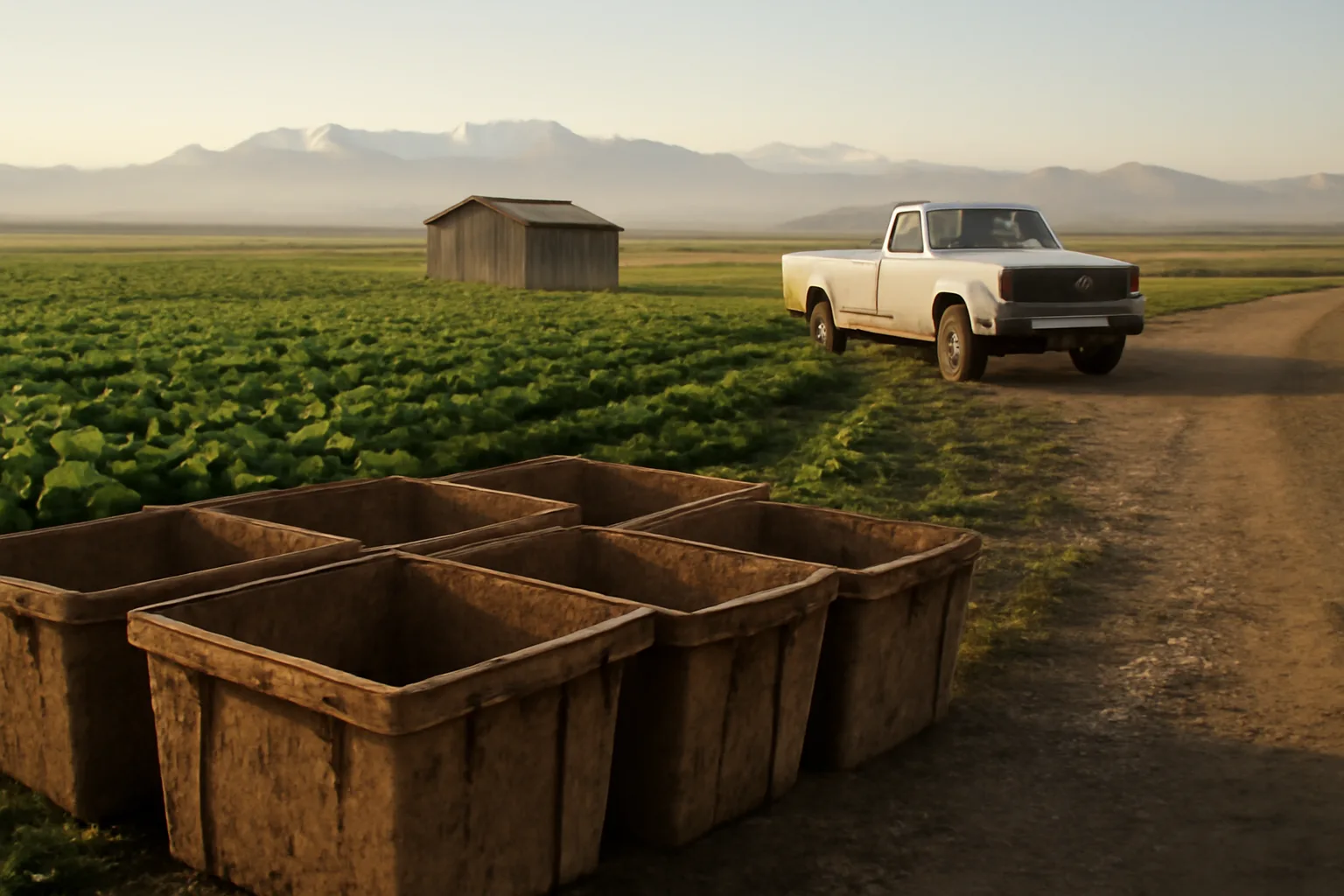 Colorado vegetable field and cabin at sunrise for H-2A contractor housing