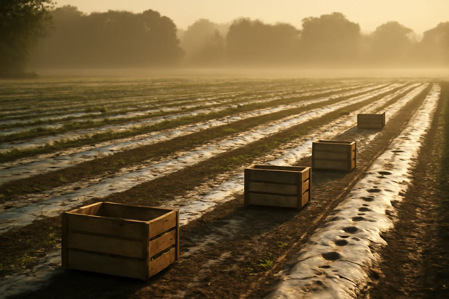 Empty Delaware produce field at sunrise with wooden harvest crates