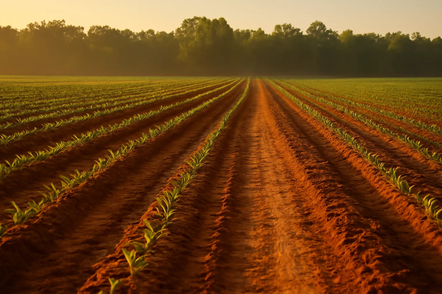 Alabama farm rows at dawn with red clay soil and crops under golden morning light