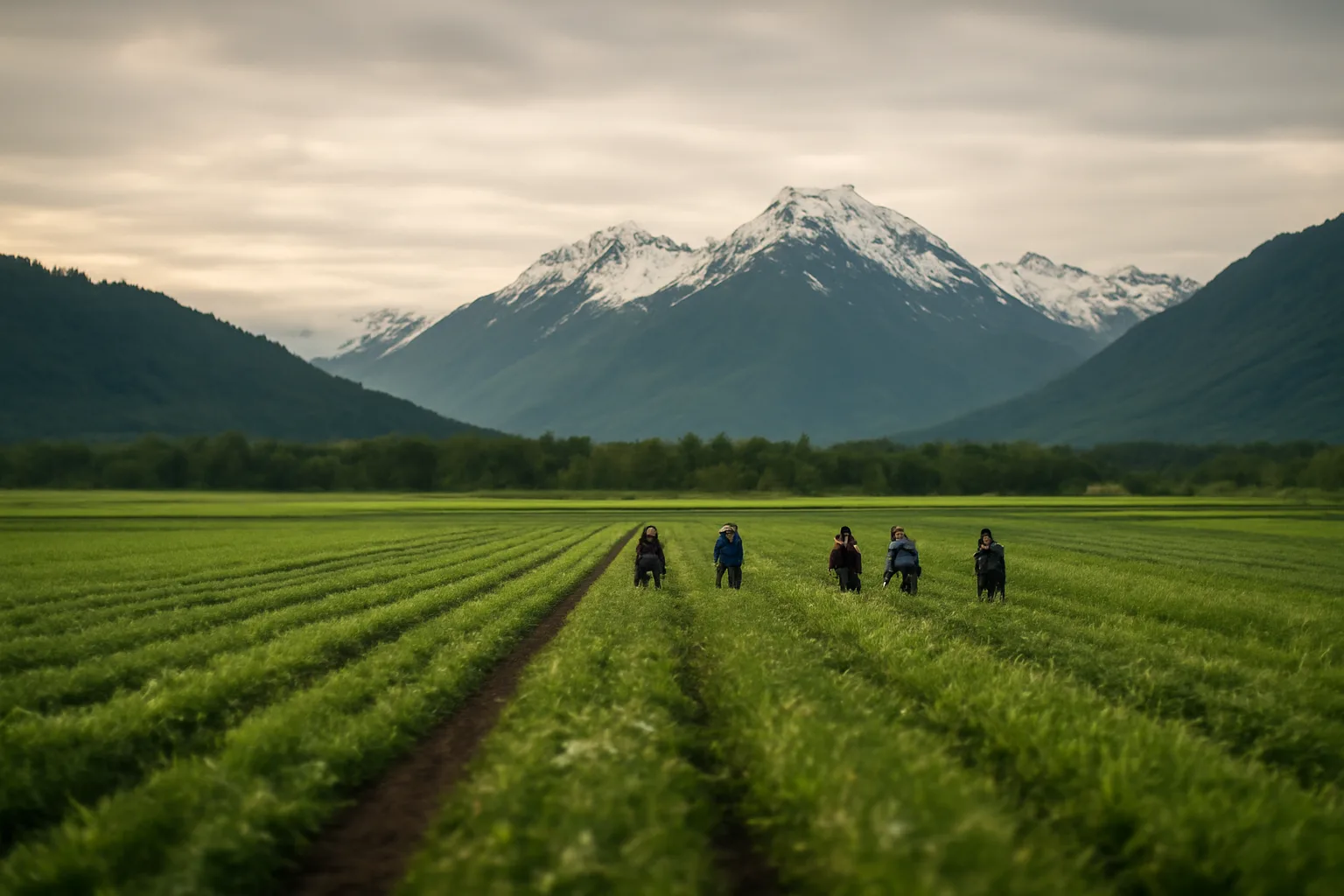Remote Alaska agricultural valley with farmworkers in fields and mountains in background