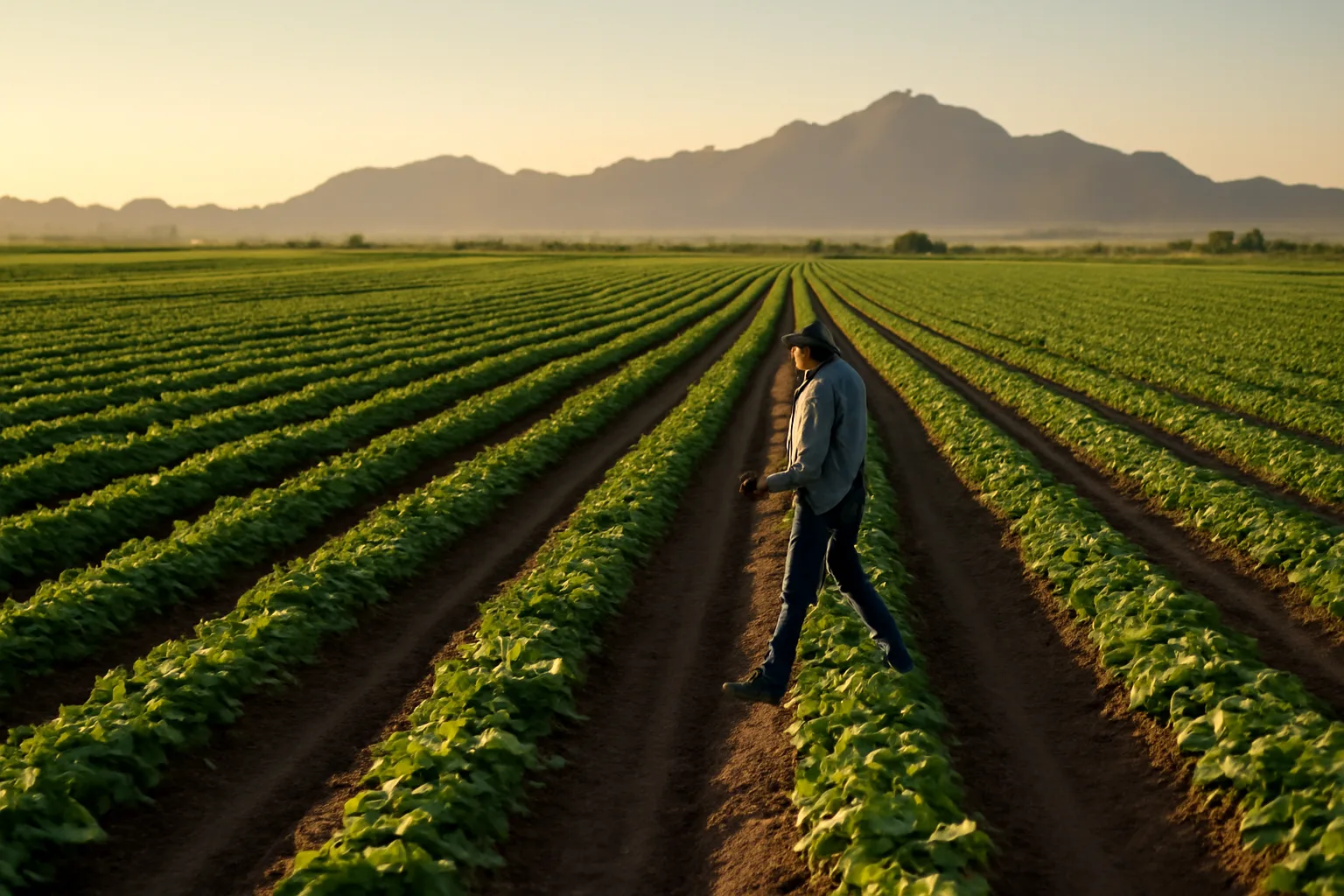 Arizona irrigated farmland at dawn with a farm worker walking crop rows