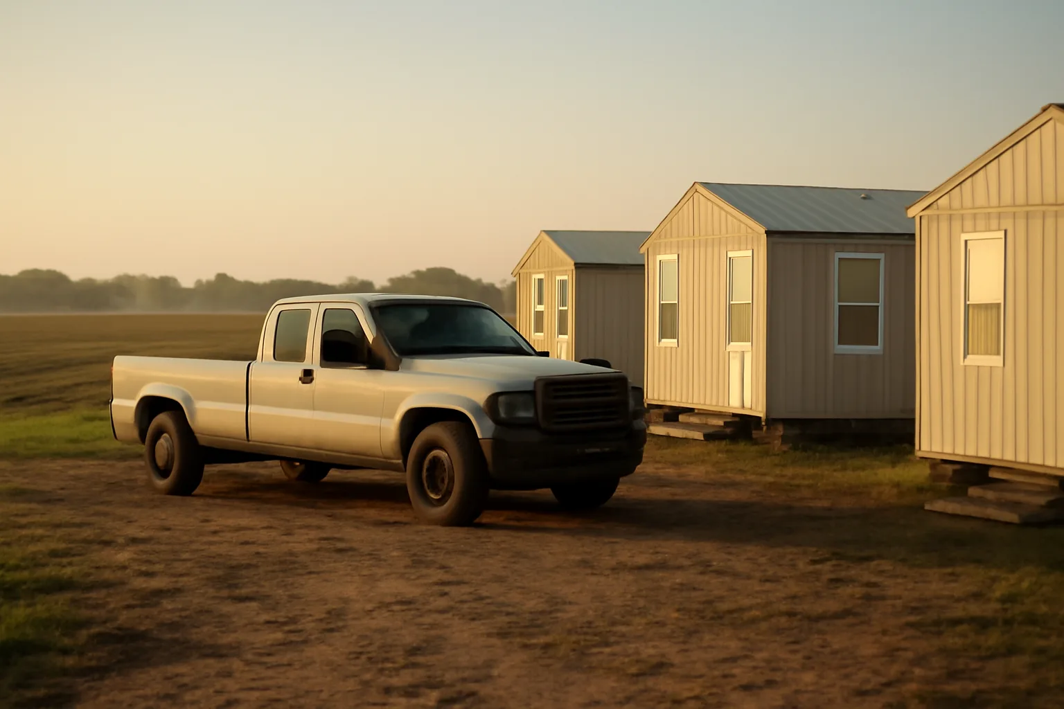 Agricultural field with temporary housing units in Arkansas, early morning light, no people or text