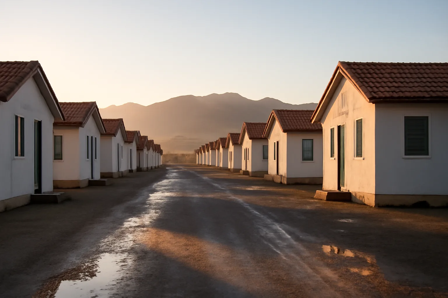 Row of white bunkhouse trailers at a California farm worker camp, early morning light