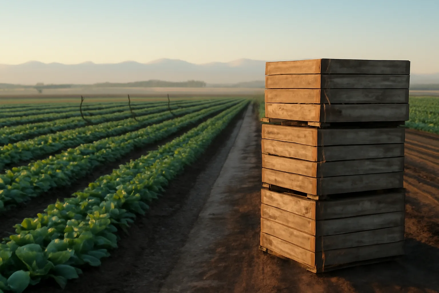 Colorado vegetable field and crates at dawn for H-2A work