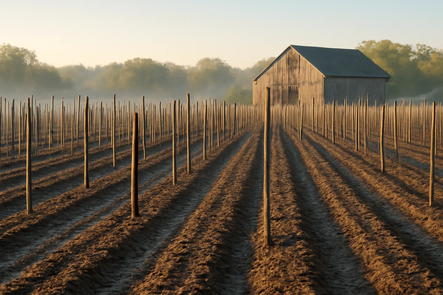 Empty Connecticut farm field at sunrise before H-2A contractor work
