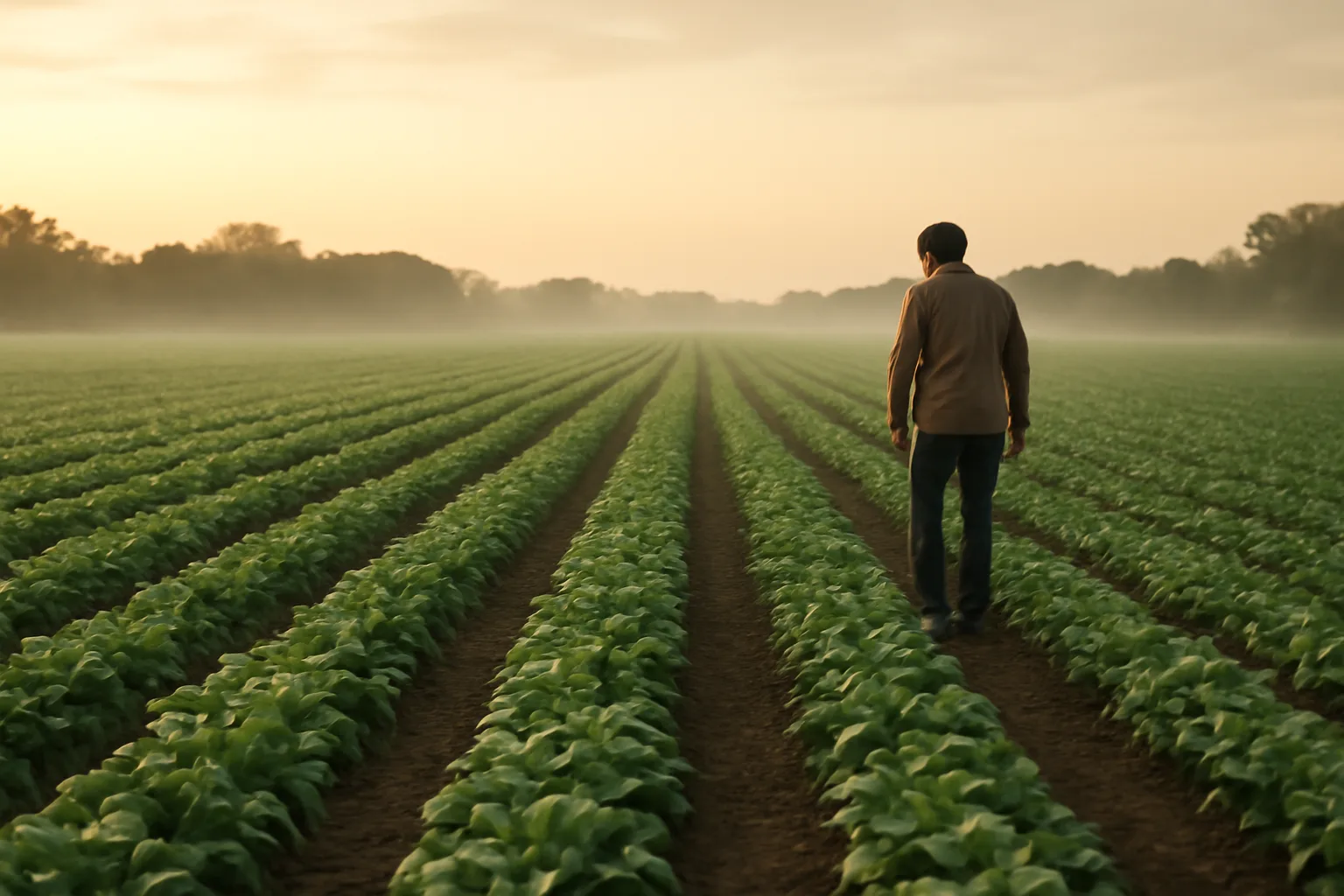 Alabama farm field at dawn with a worker walking crop rows