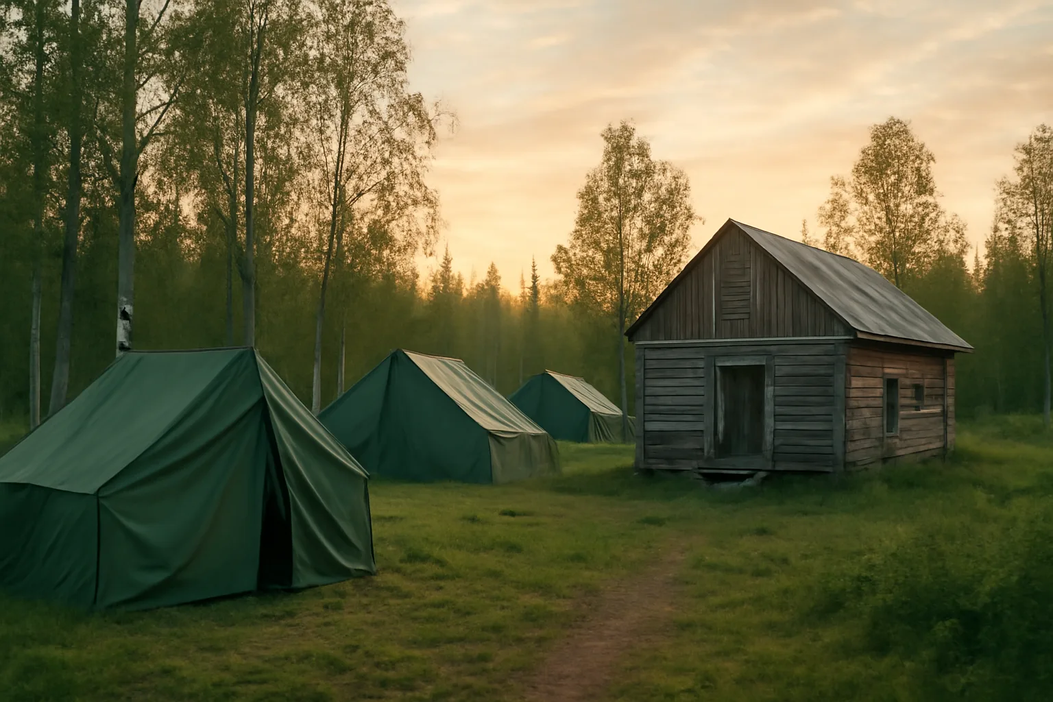 Remote Alaska worker camp at dawn with birch trees and bunkhouse for H-2A contractor housing