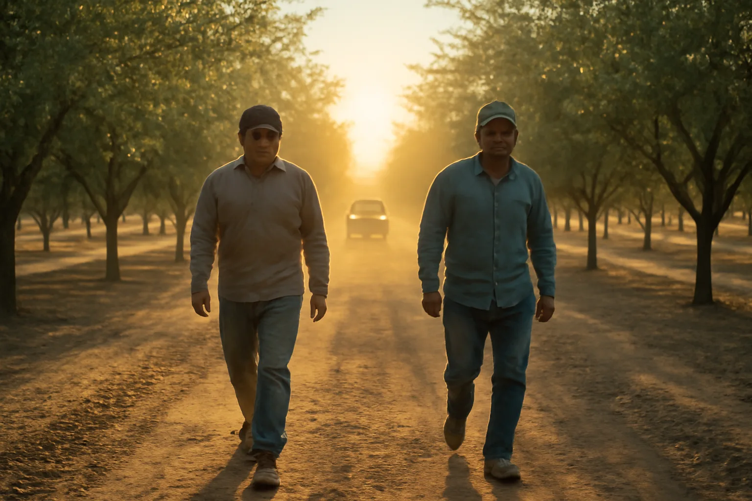 Farmworkers walk an orchard row during California H-2A season