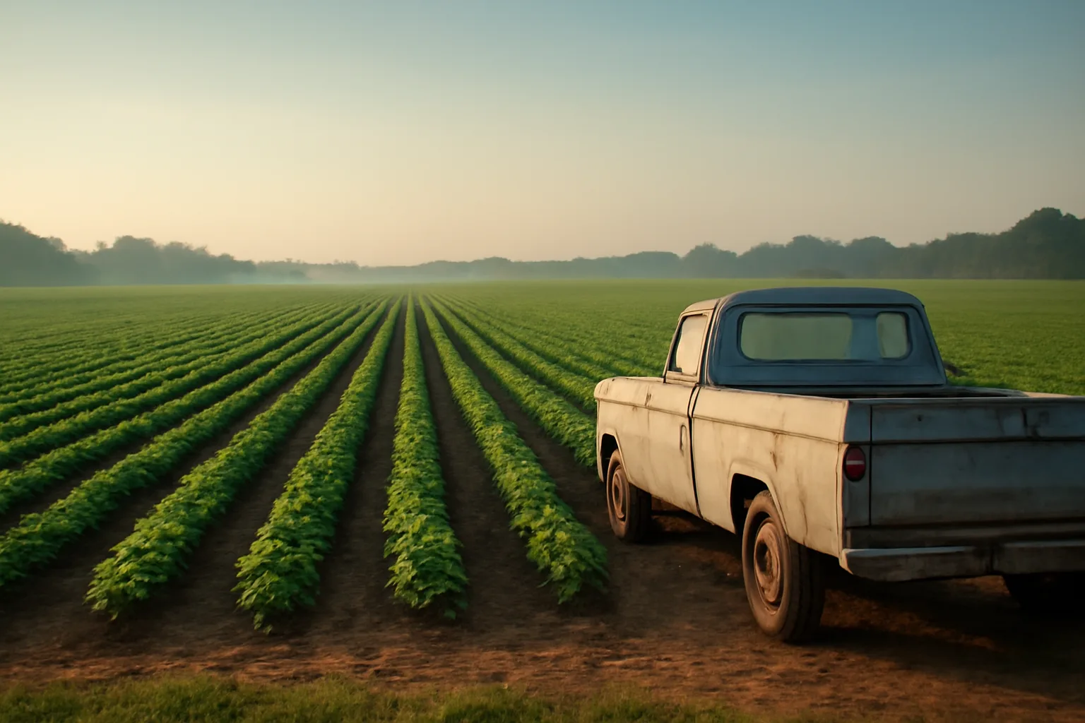 Alabama crop rows at dawn with a truck parked at the field edge
