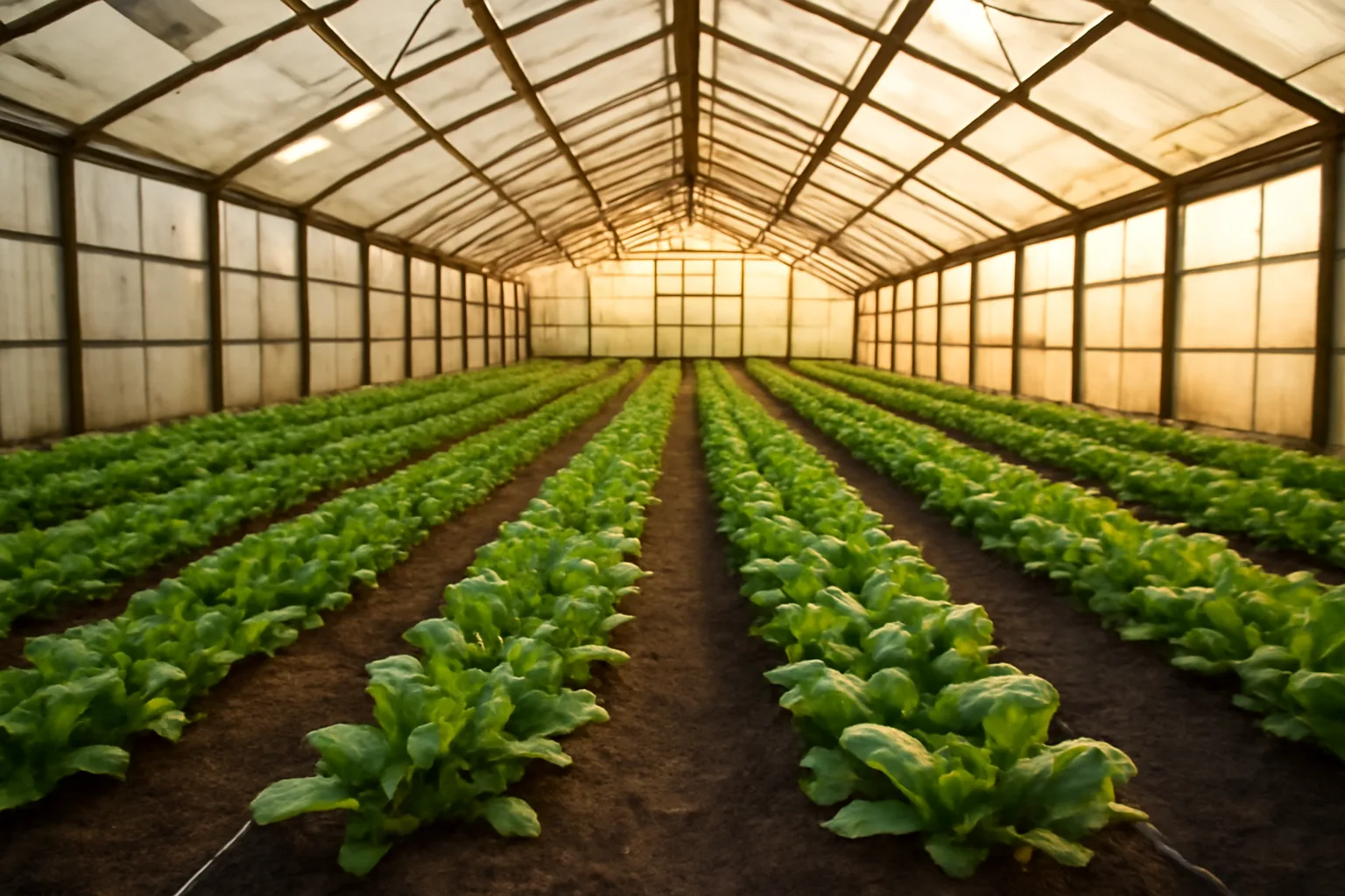 Interior of a remote Alaska greenhouse with crop rows in summer light