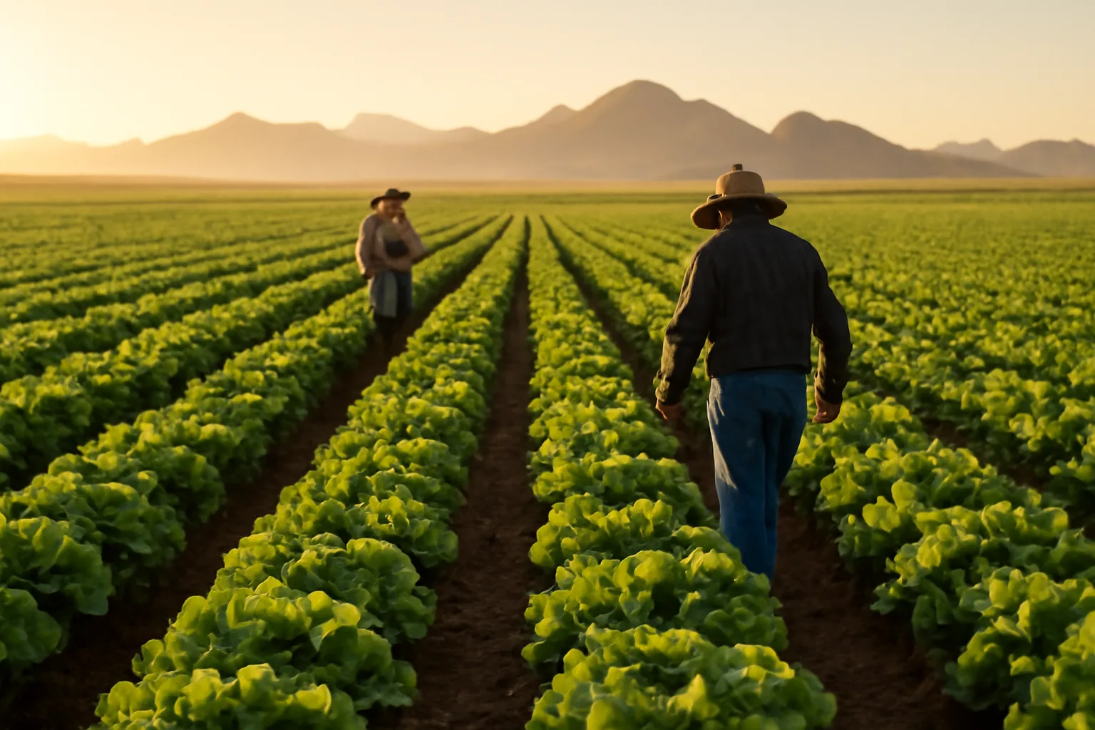 Arizona lettuce field at dawn with farm workers walking through crop rows