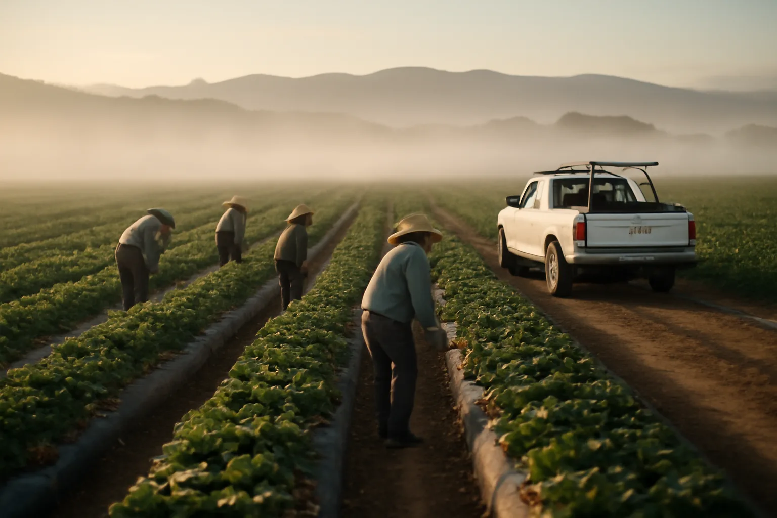 Farm workers picking strawberries in a California field at dawn