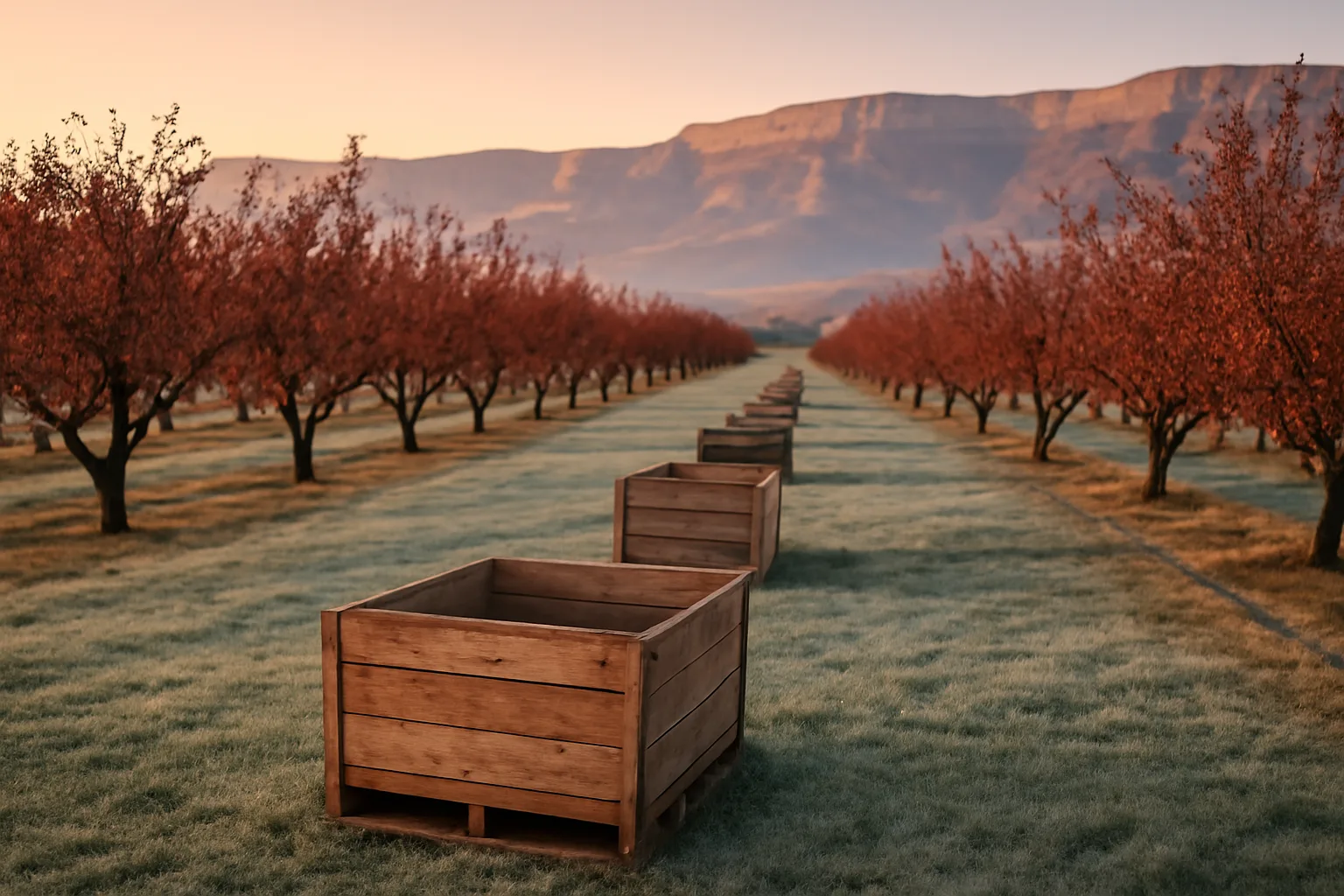 Empty Colorado peach orchard rows at dawn for H-2A planning