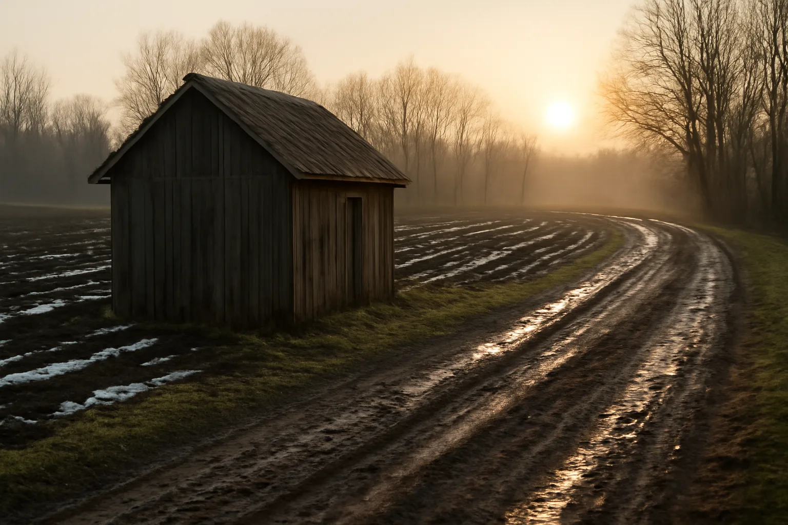 Weathered Connecticut tobacco shed beside wet spring fields at dawn